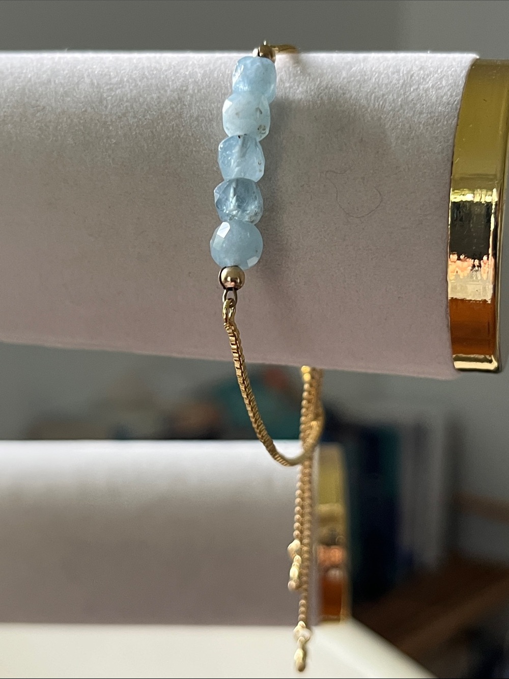 Source Unknown Light Blue Bead Gold Chain Bracelet aquamarine stones